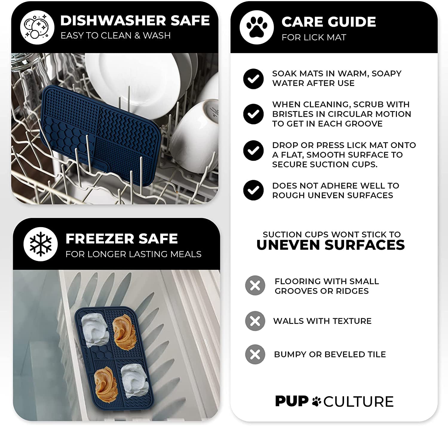 Pup Culture lick mat heavy-duty-durability highlights bite-resistant construction.