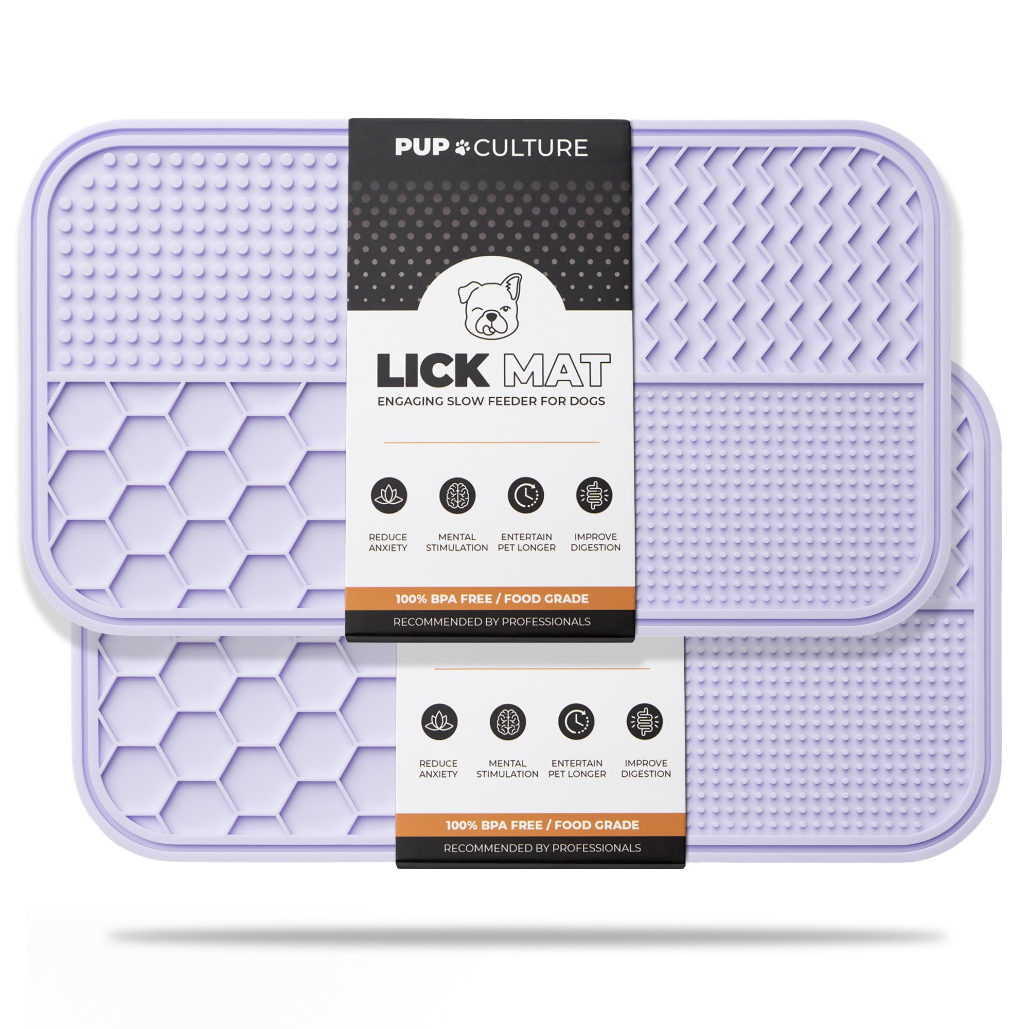 Pup Culture lick-mat two-pack side view highlighting strong suction for slow feeding.