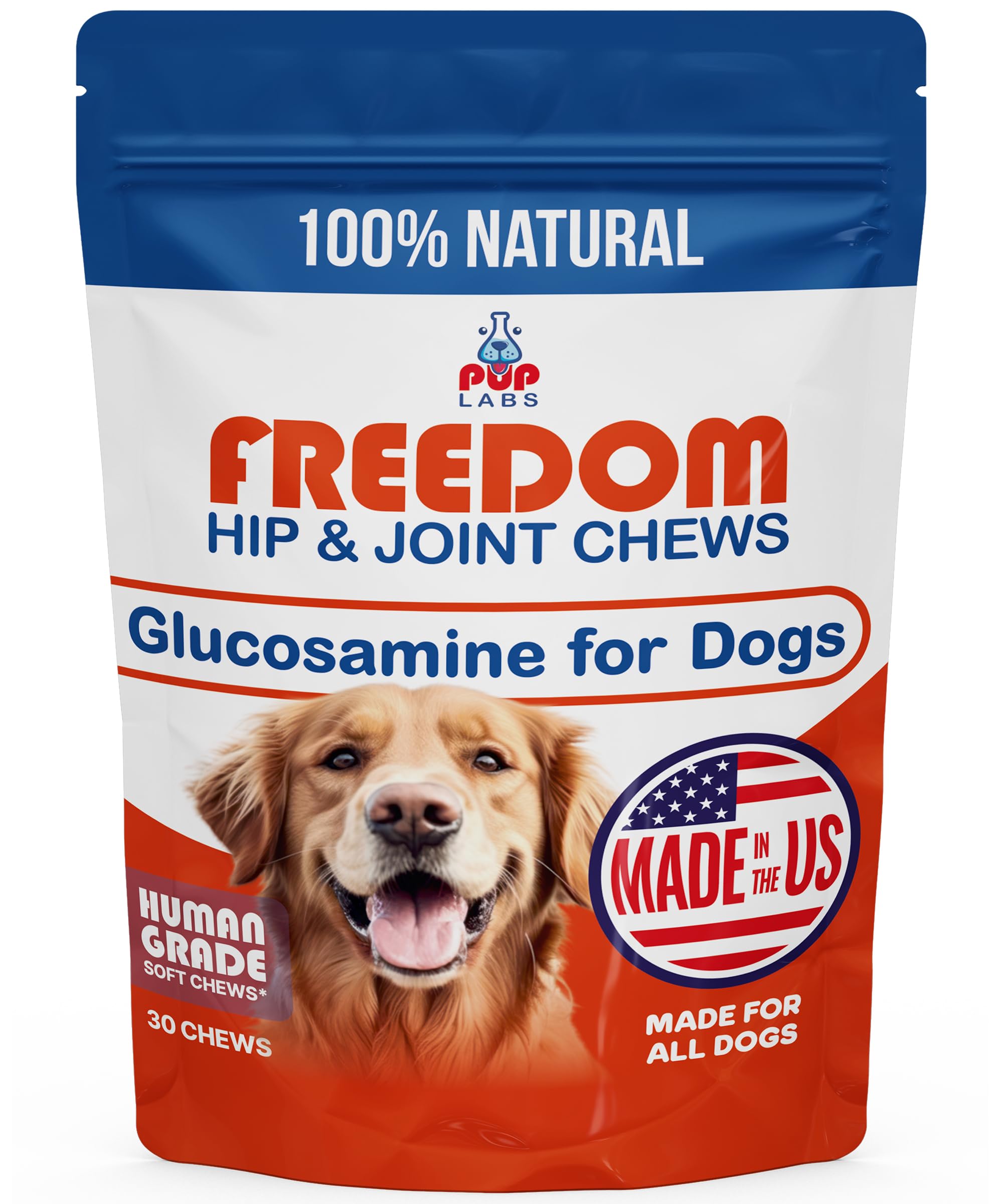 Pup Labs Freedom Joint Chews jar closeup highlighting tasty joint support for dogs.