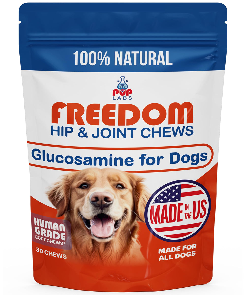 Pup Labs Freedom Joint Chews jar closeup highlighting tasty joint support for dogs.
