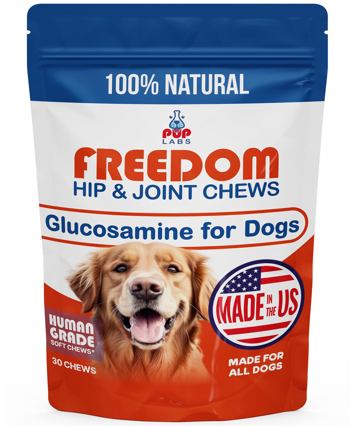 Pup Labs Freedom Joint Chews jar closeup highlighting tasty joint support for dogs.