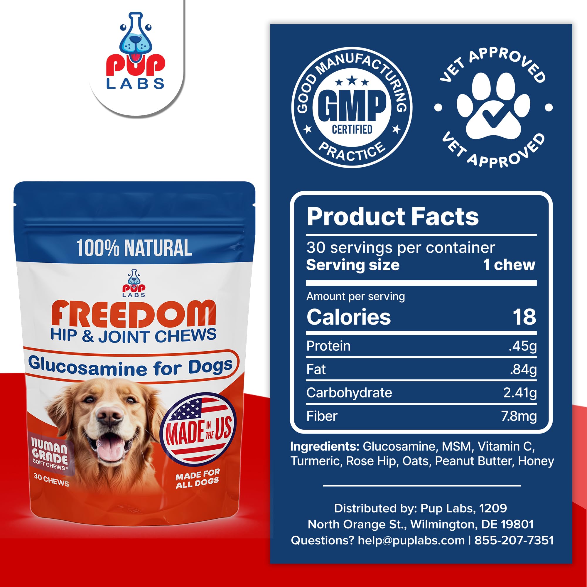 Pup Labs Freedom Joint Chews USA-made stamp emphasizes quality and domestic production.