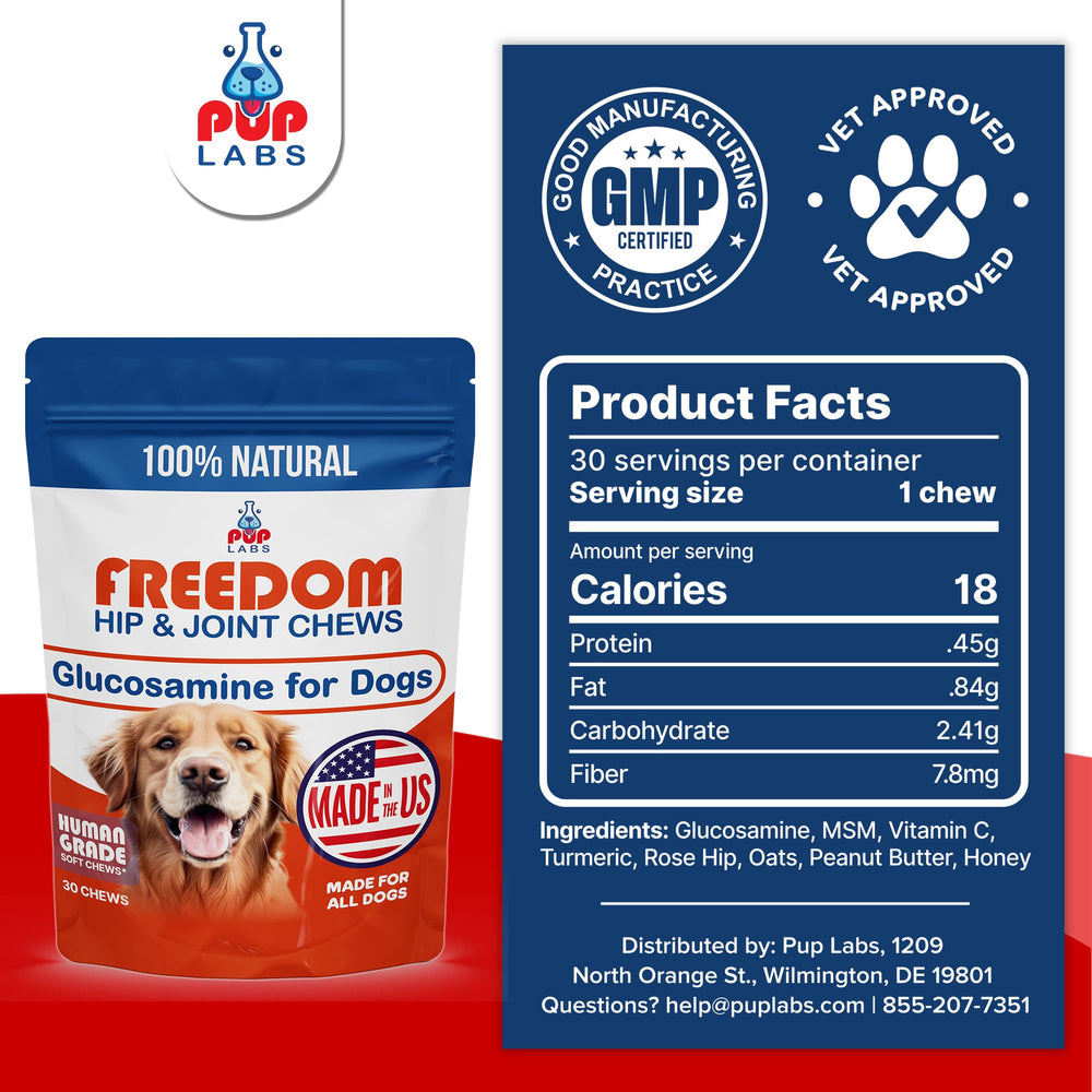 Pup Labs Freedom Joint Chews USA-made stamp emphasizes quality and domestic production.