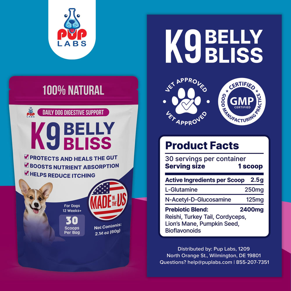 Pup Labs K9 Belly Bliss 3-pack packaging indicates value and ongoing support