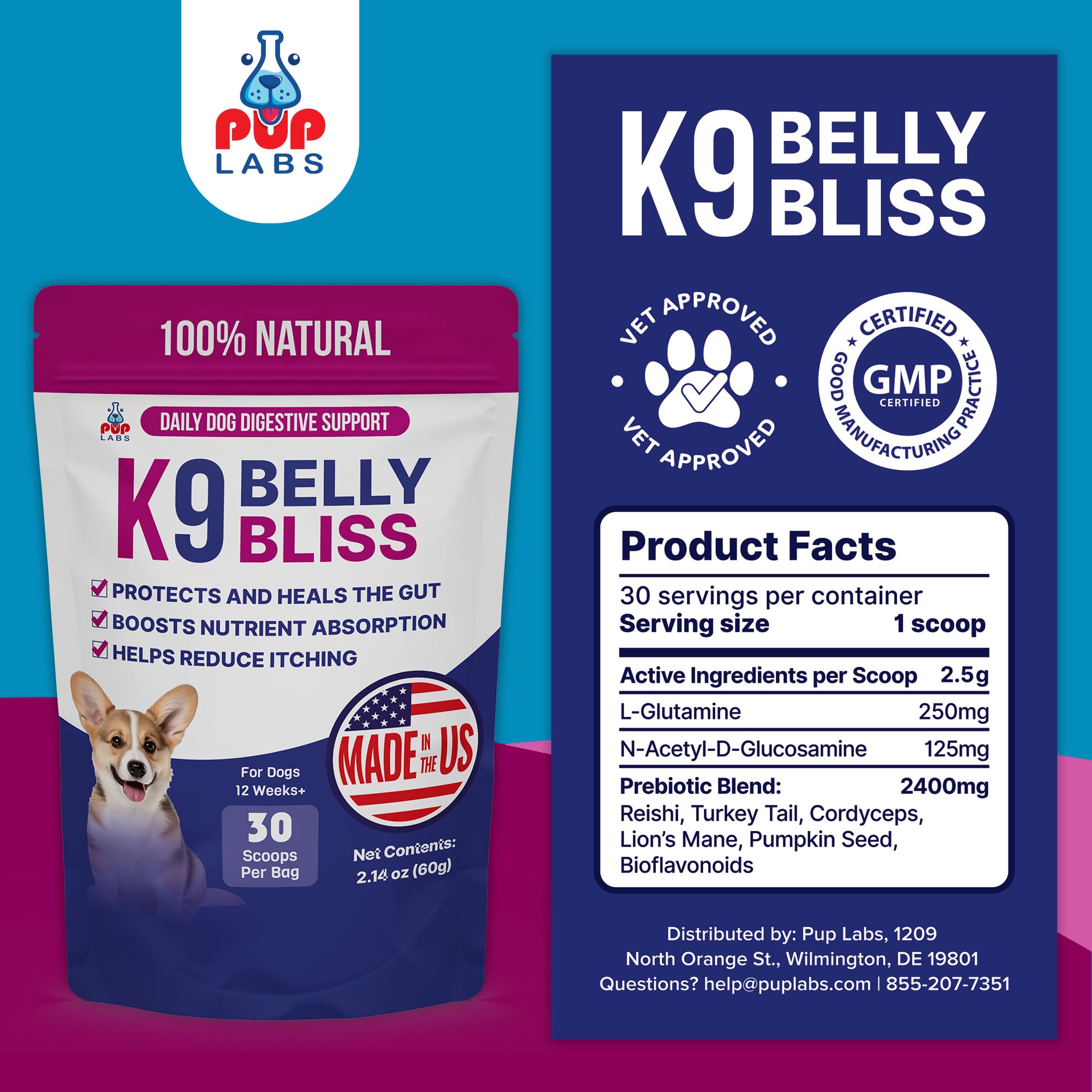Pup Labs K9 Belly Bliss GMP packaging signifying high-quality production standards.