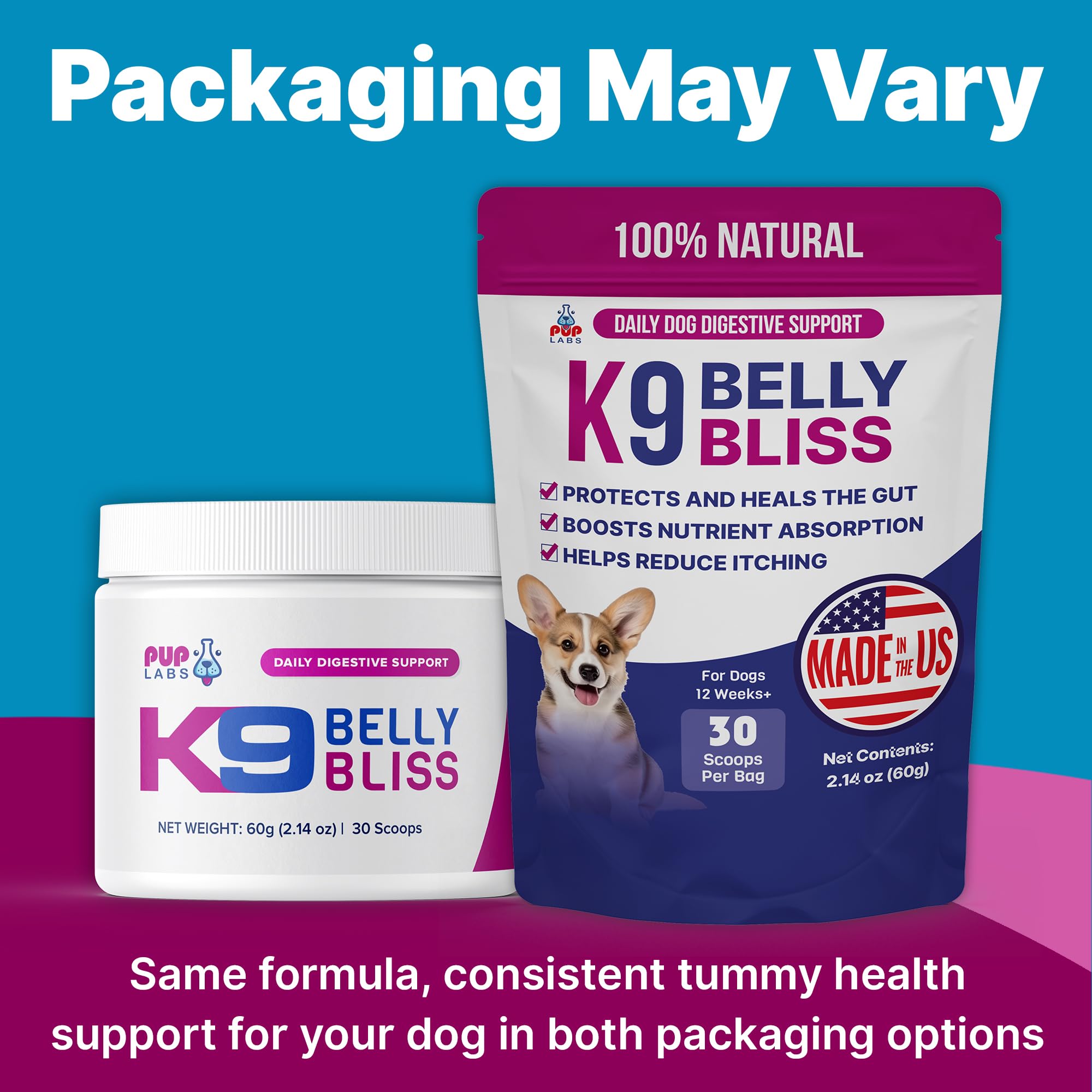 Pup Labs K9 Belly Bliss topper-dry-food-application shows sprinkling ease for digestion