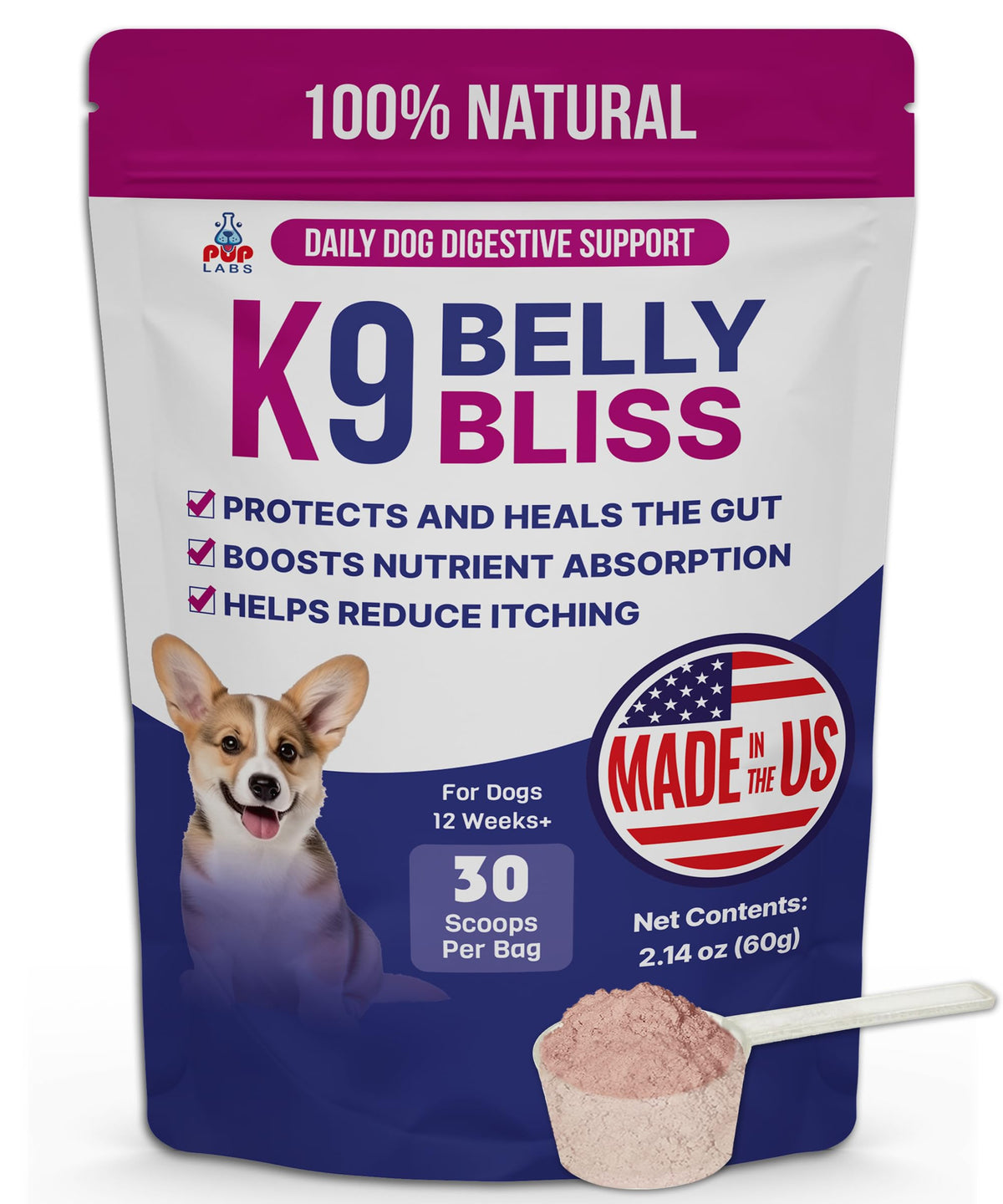 Pup Labs K9 Belly Bliss topper on dry food—potential support for happy digestion and balanced gut flora.