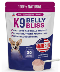 Pup Labs K9 Belly Bliss topper on dry food—potential support for happy digestion and balanced gut flora.