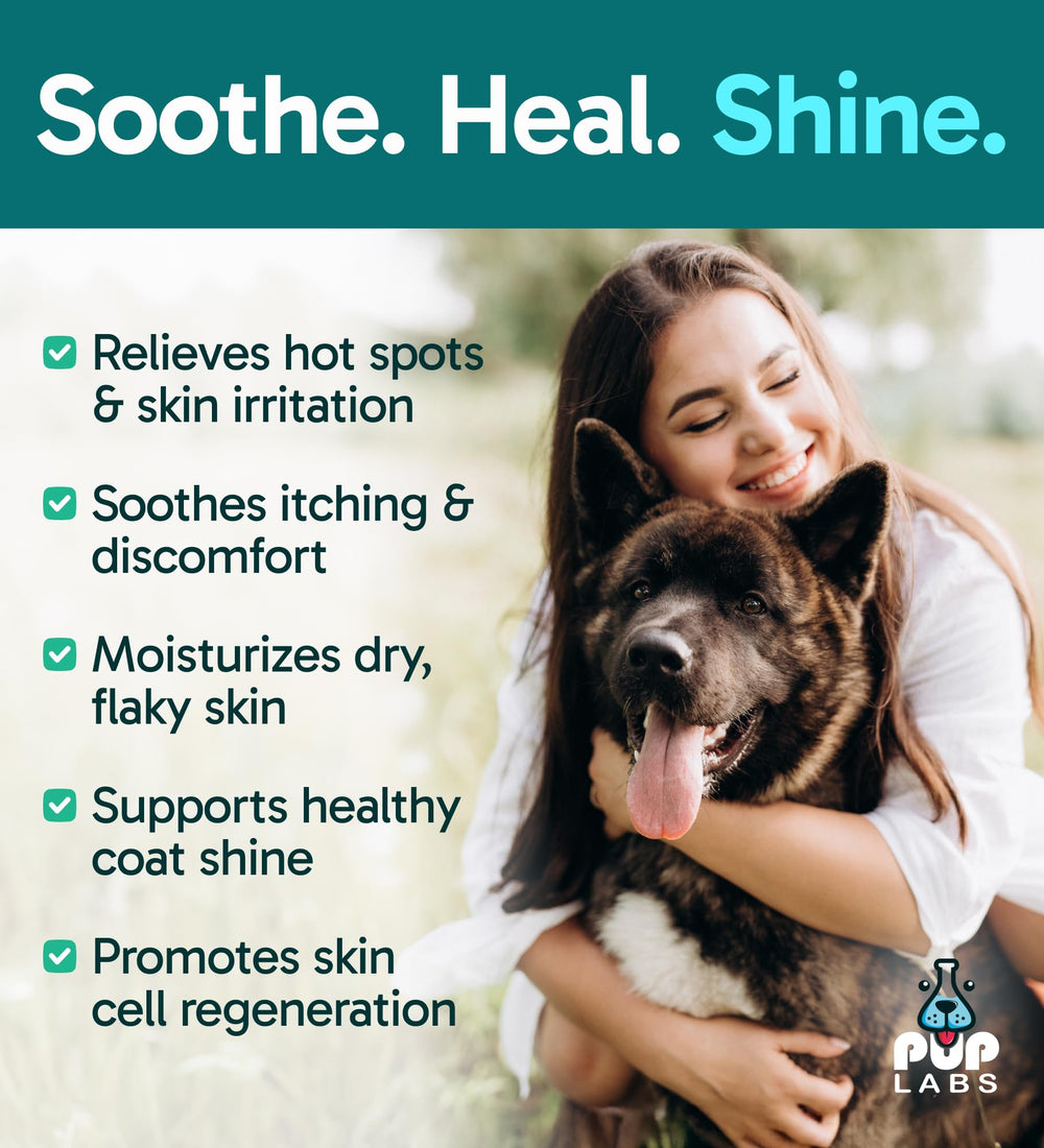 Pup Labs K9 Soothe spray applying on dog coat aids moisturized fur and comfort.