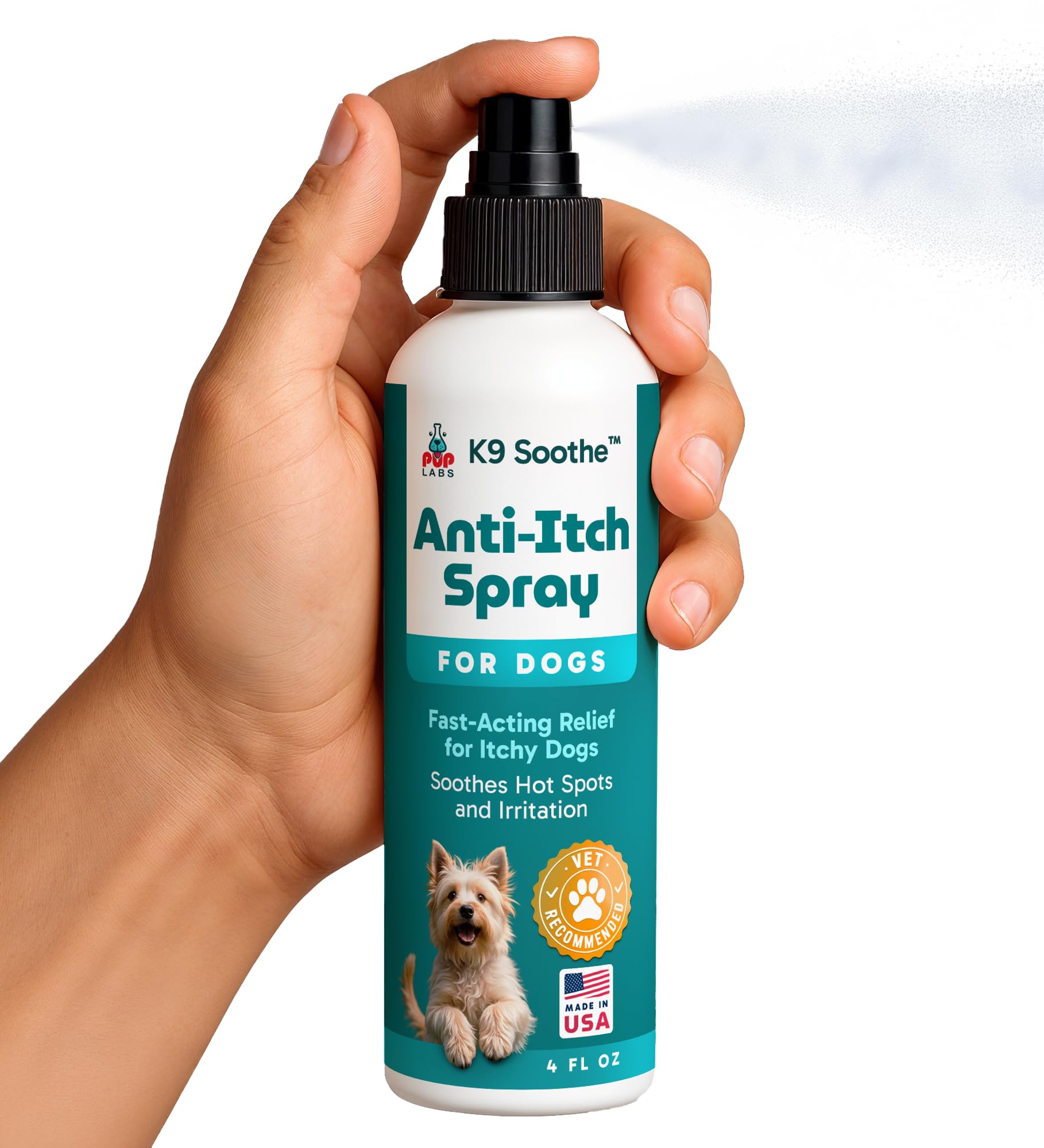Pup Labs K9 Soothe spray dog-with-skin-care routine promotes clean, healthy-looking coat.