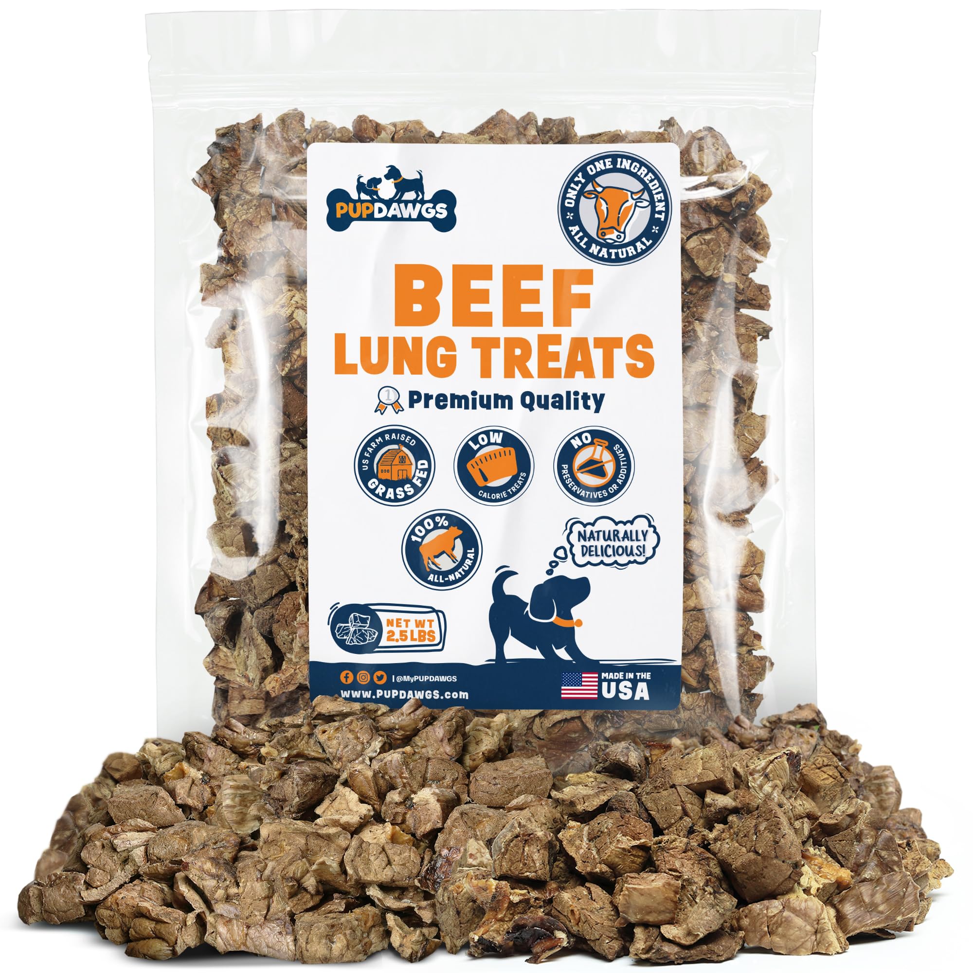 PUPDAWGS dried beef lung treats pack shot, ideal training rewards