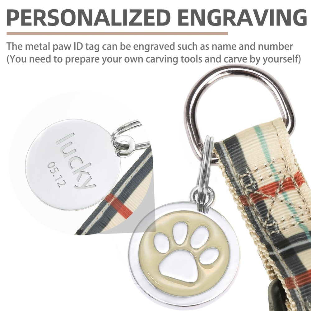 Pupteck ID tag closeup shows durable metal tag with DIY engraving option.
