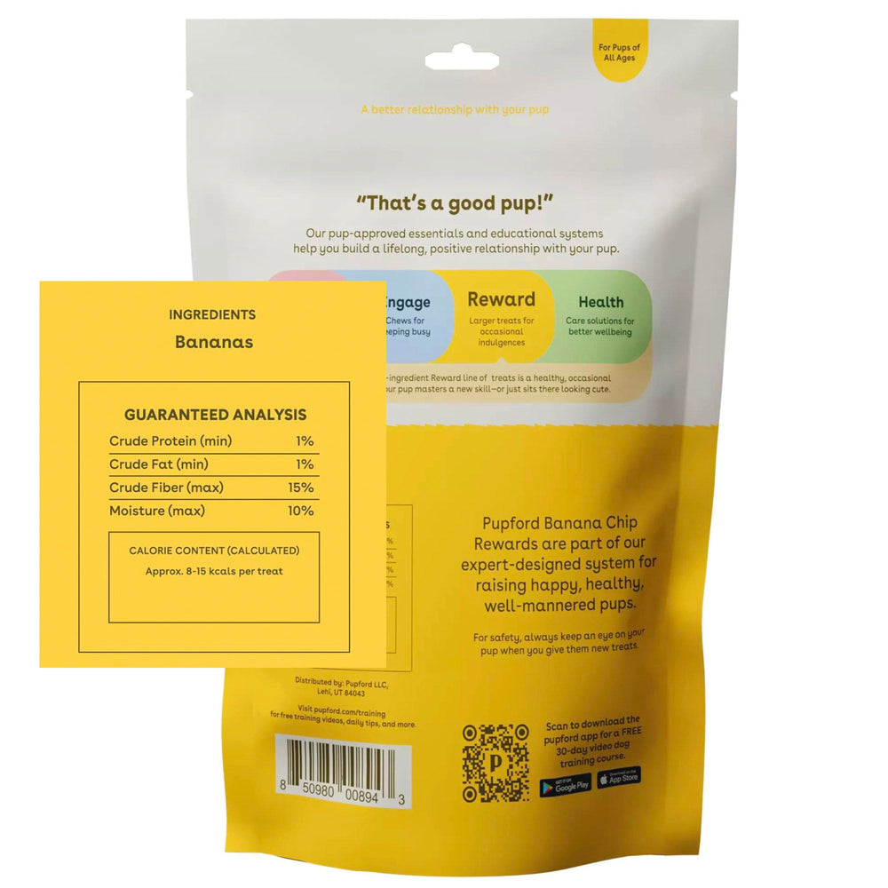 Pupford banana chip treat crunch closeup highlighting crisp texture and banana flavor