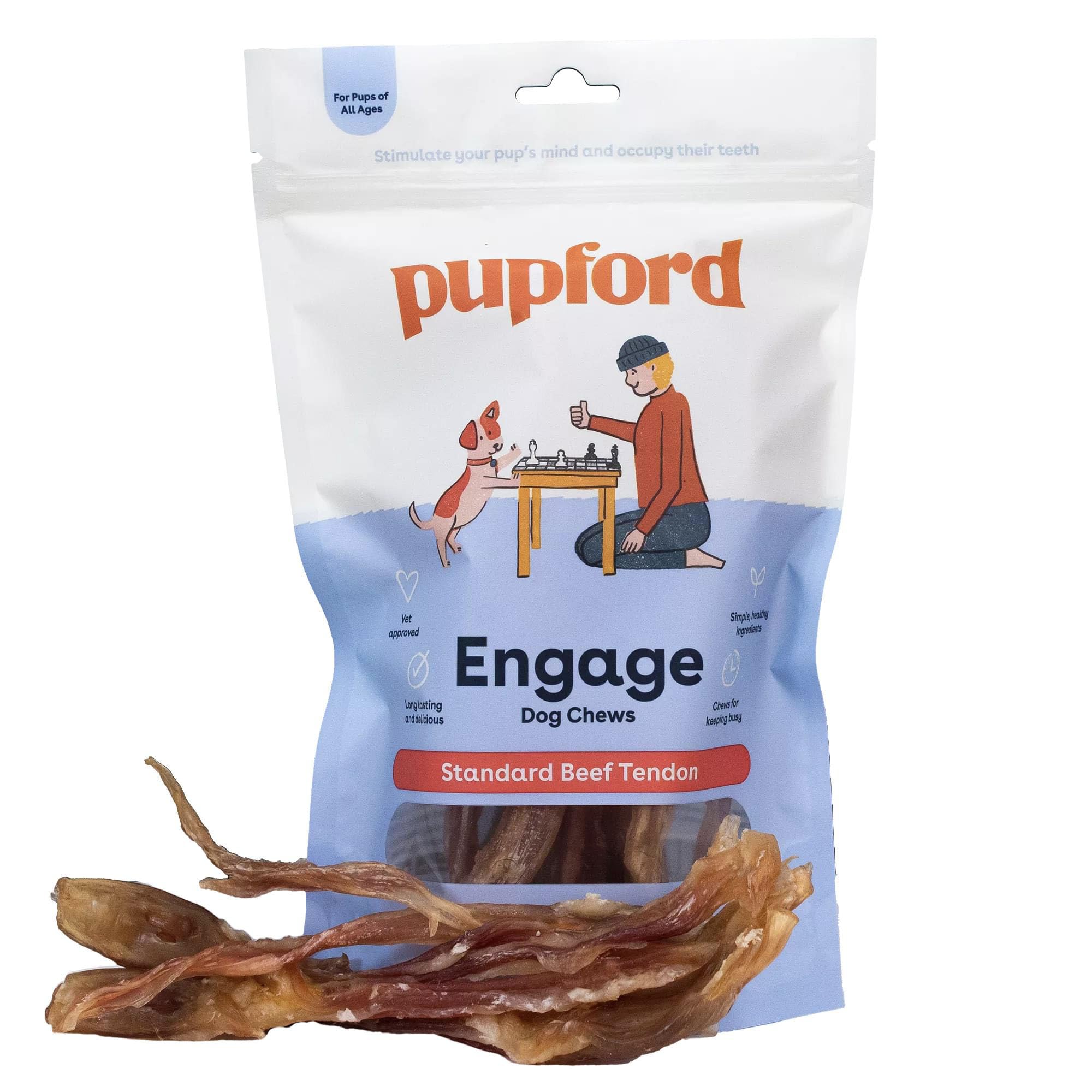 Pupford beef tendon chews package 10-count on shelf, long-lasting dog chew.