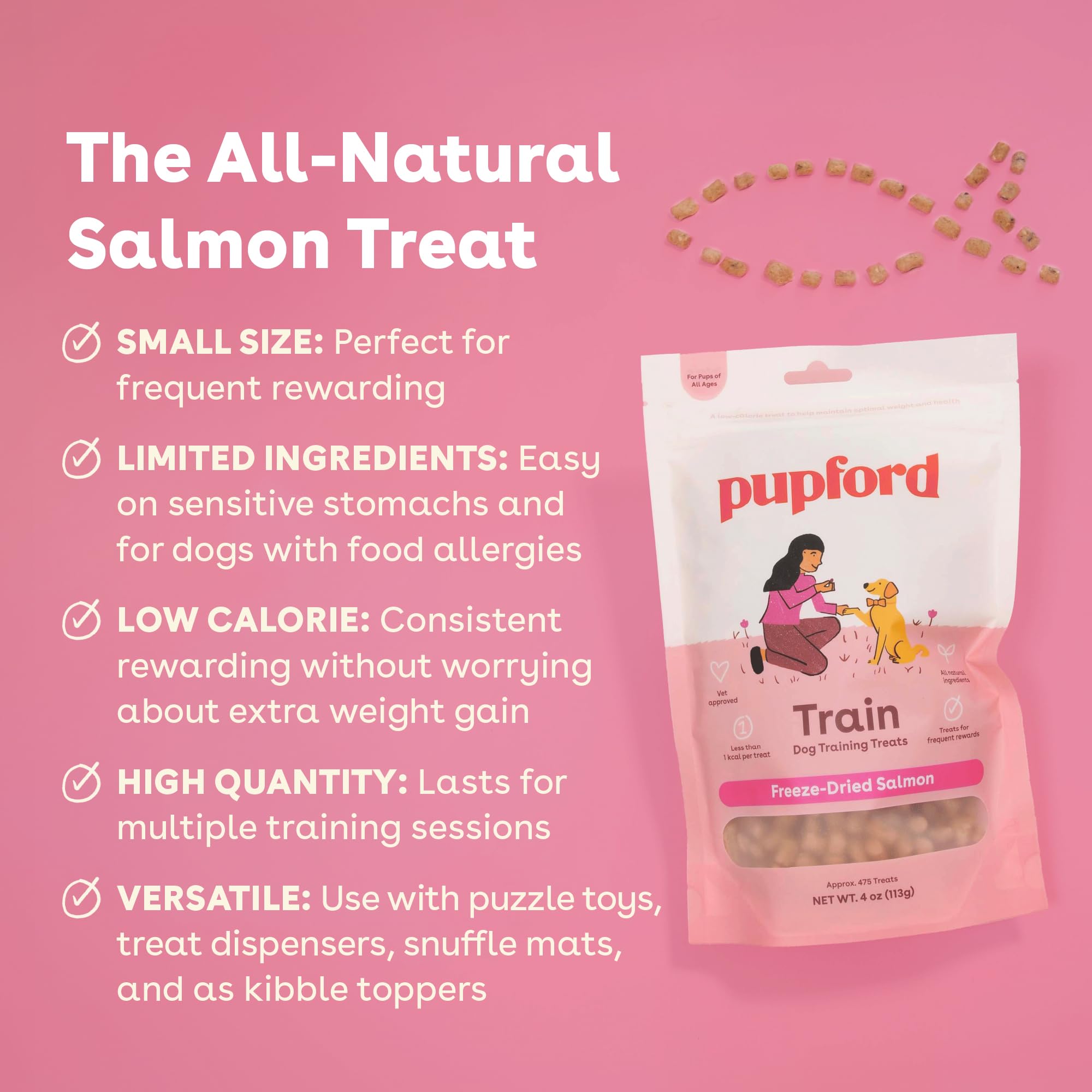 Trozo de salmón liofilizado Pupford, snack saludable para perros.
