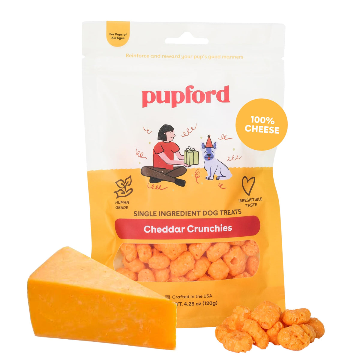 Pupford Cheese Crunchies bag front showcases all-natural cheddar treats for dogs.