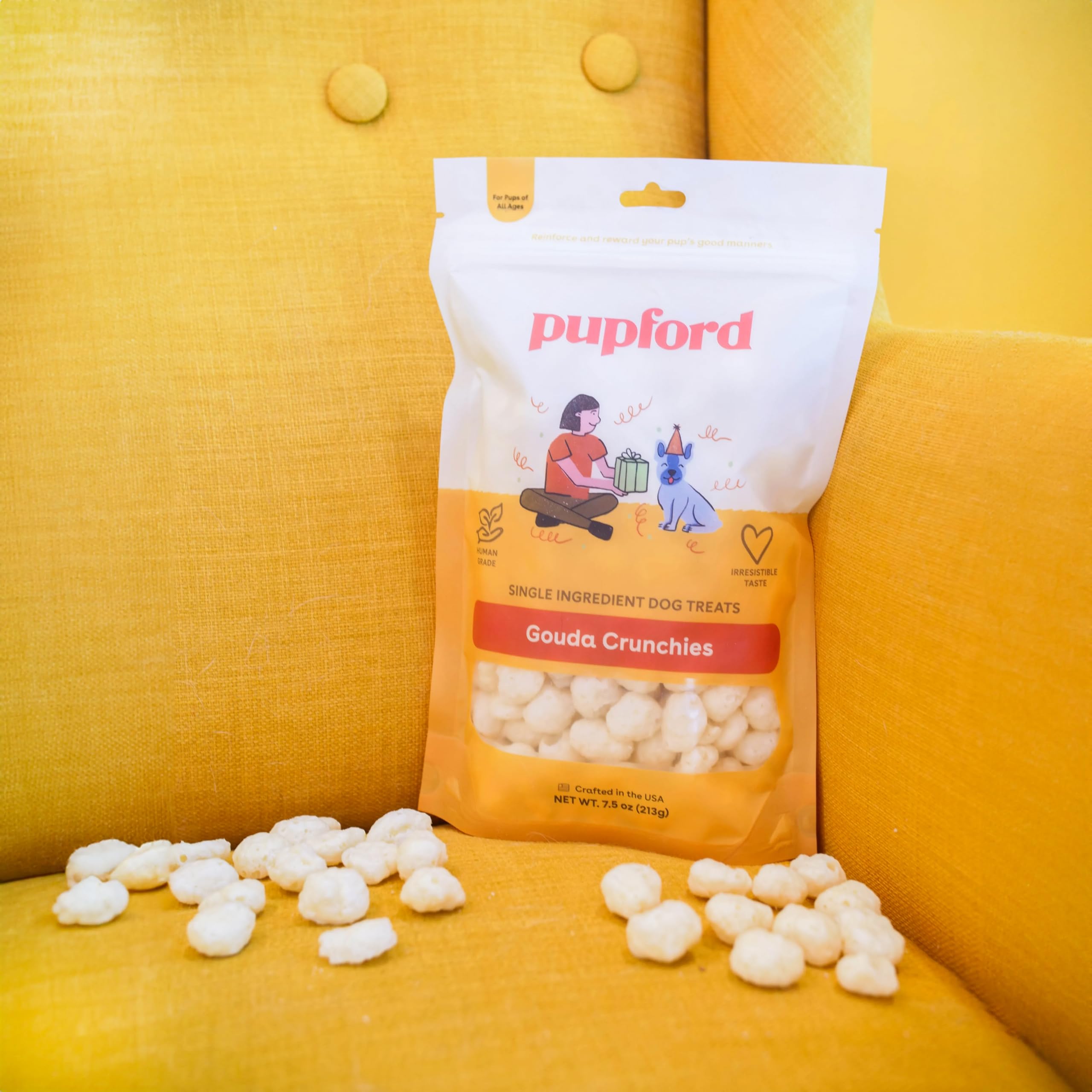 Pupford Cheese Crunchies close-up bag—protein-rich wholesome rewards.