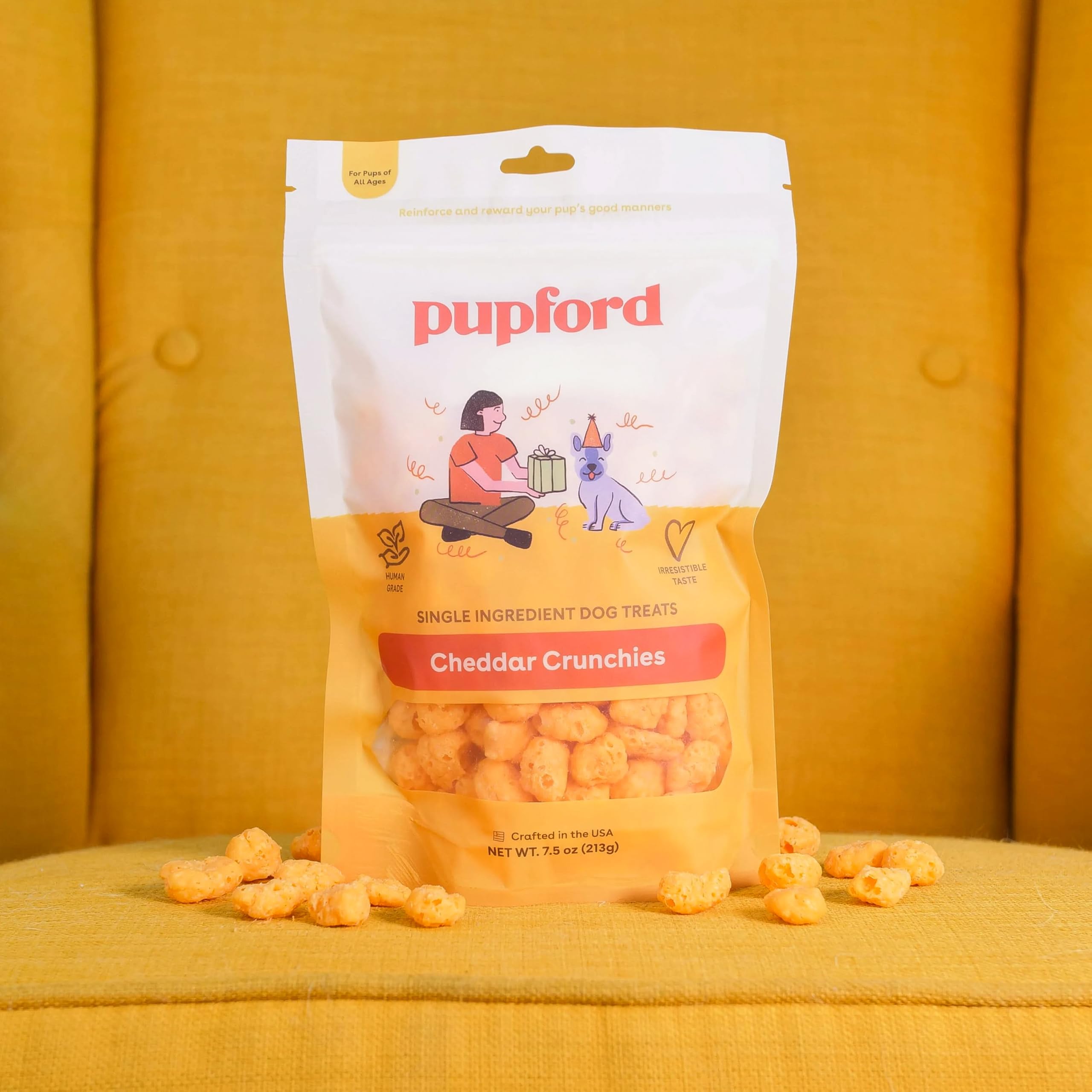 Pupford Cheese Crunchies ingredients highlight single-cheese goodness.