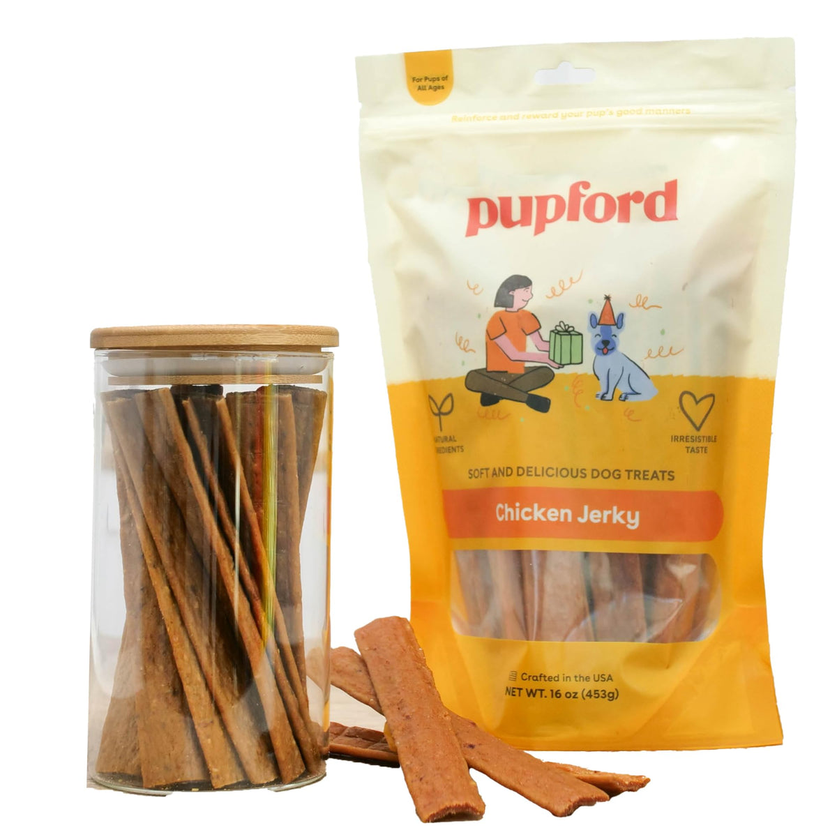 Pupford Chicken Jerky packaging shows 100% natural ingredients for dogs
