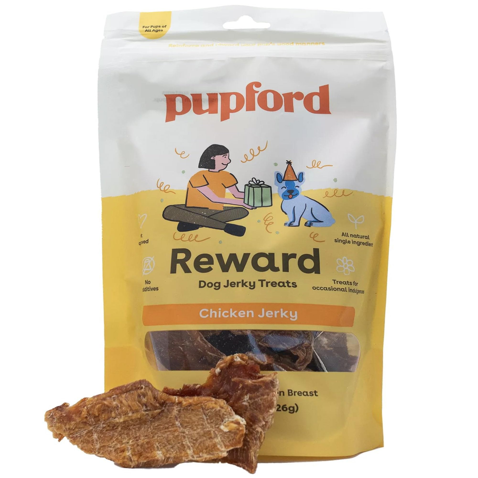 Pupford jerky crujiente para perros, tiras listas para premiar con sabor.