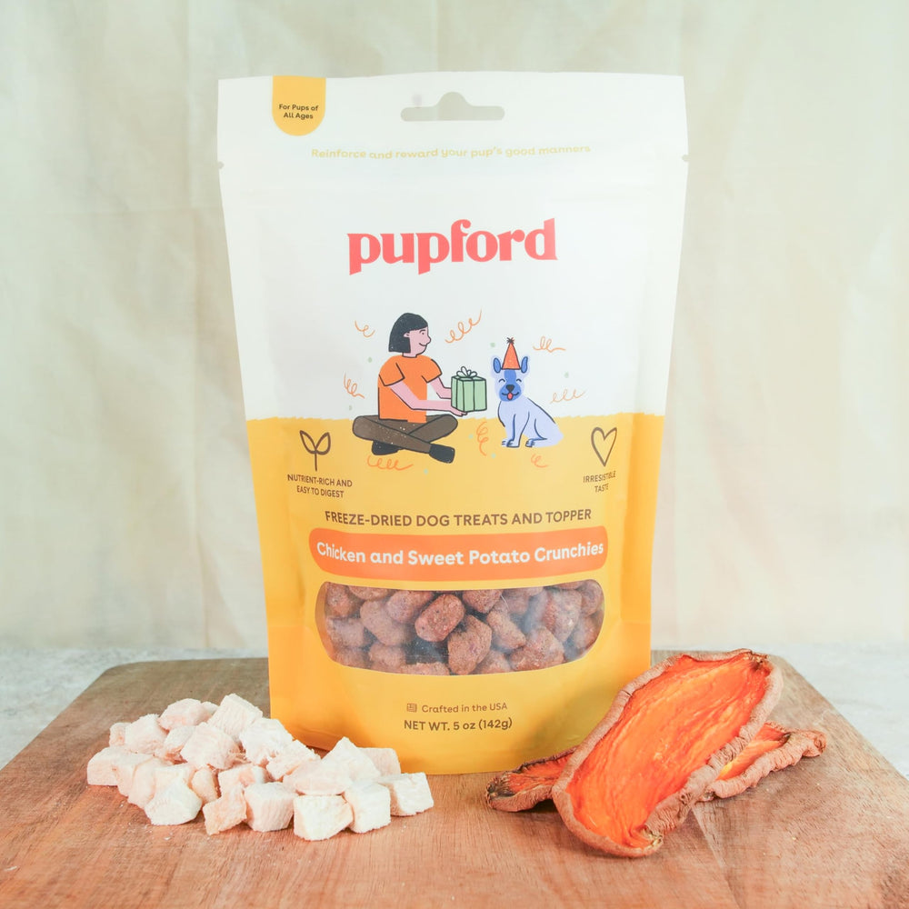Pupford Crunchies 8oz package on shelf shows size.