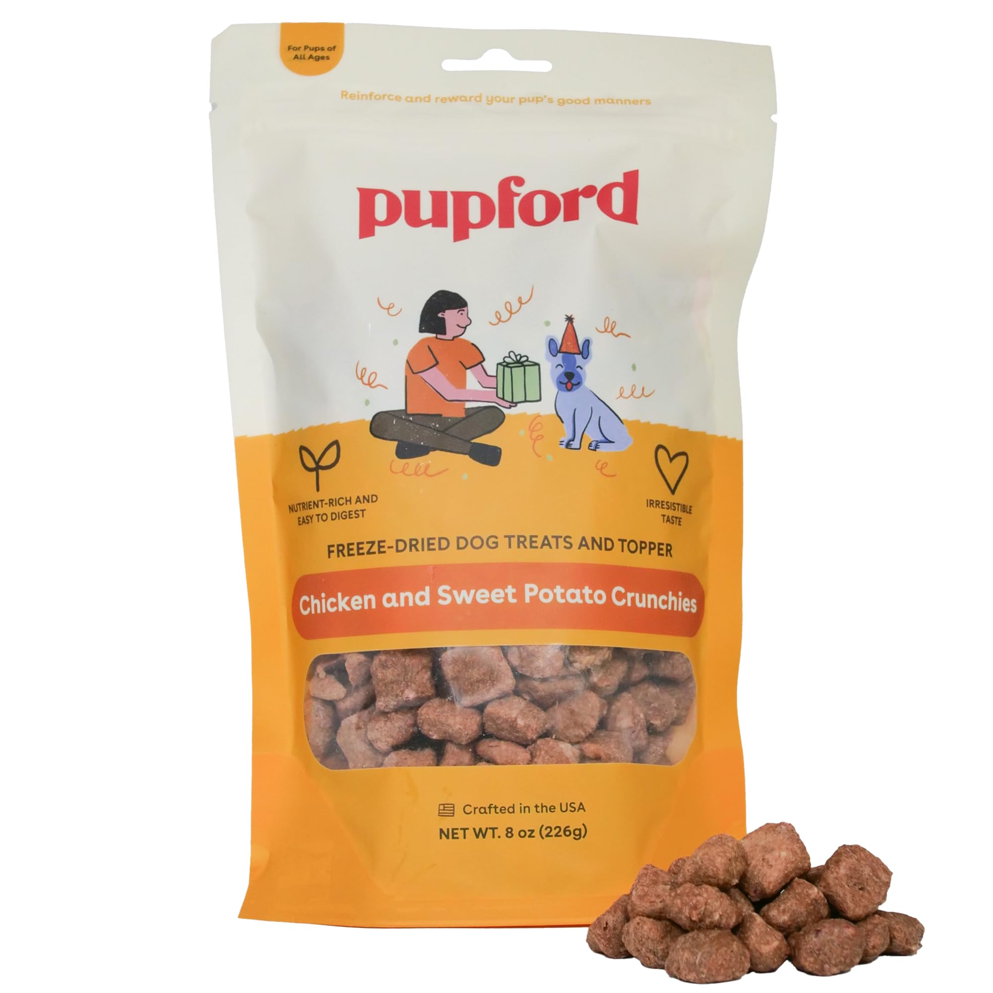 Pupford Crunchies chicken sweet potato bag close-up for wholesome training rewards.