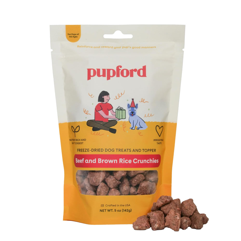 Pupford Crunchies pack-shot highlighting healthy ingredients and convenient 5 oz size.