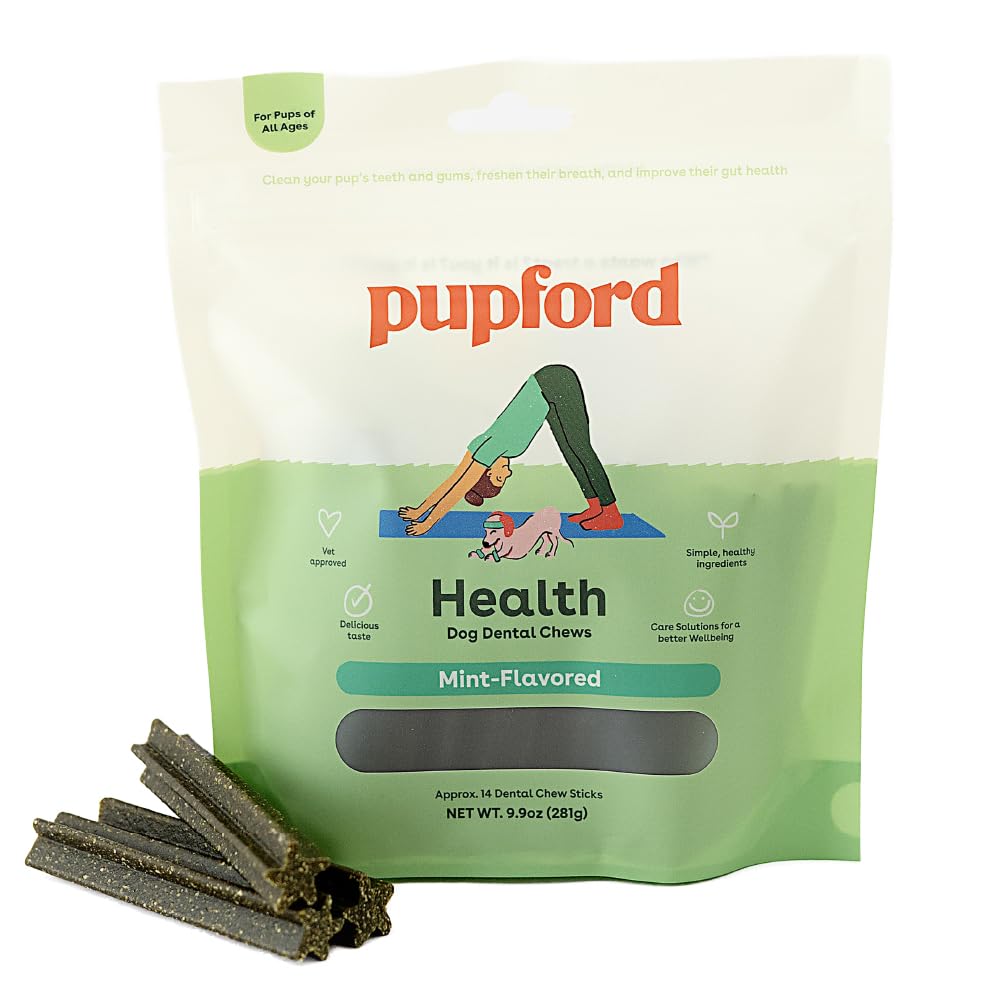 Pupford dental chews 4-inch stick closeup showing plaque reduction and breath freshness potential.