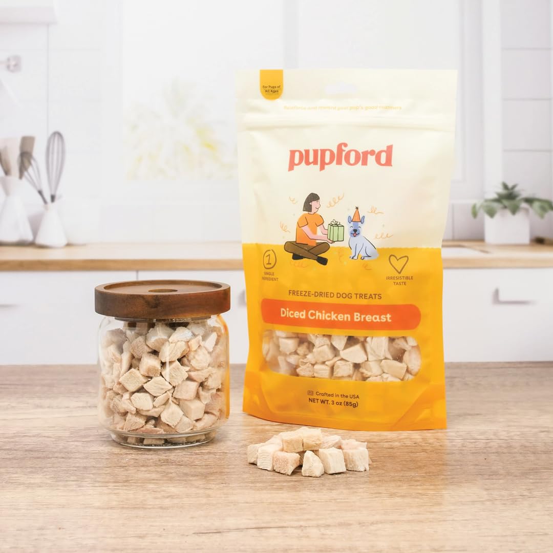 Pupford Freeze Dried Chicken Breast Treat open bag shows convenient training rewards for on-the-go pups