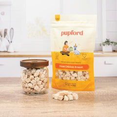 Pupford Freeze Dried Chicken Breast Treat open bag shows convenient training rewards for on-the-go pups