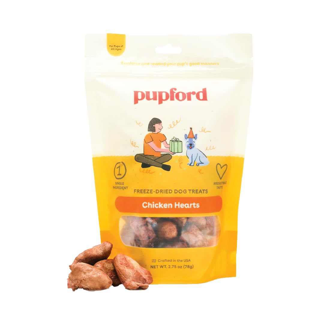 Pupford Freeze Dried Chicken Hearts packaging shown for easy training rewards.
