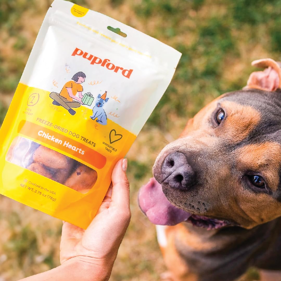 Pupford Freeze Dried Chicken Hearts USA-made snacks suited for all dogs.