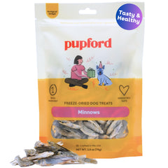 Pupford Freeze Dried Minnows treat bag showing protein-packed dog snack for training rewards.