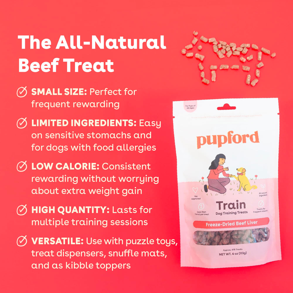 Pupford Freeze Dried Training Treats beef liver closeup: high-protein snack for training sessions.
