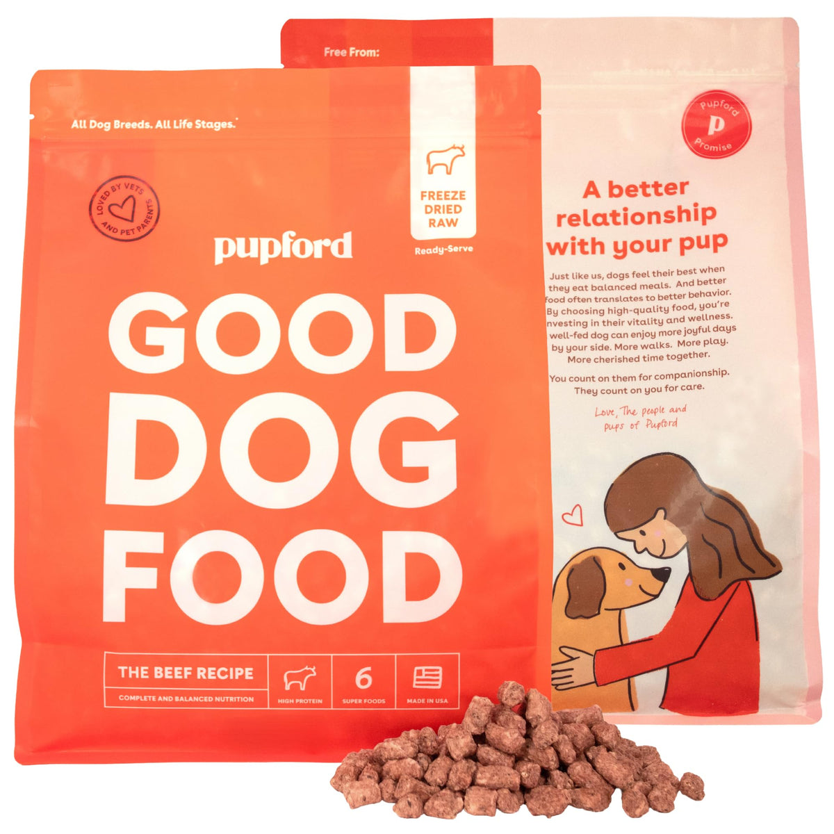 Pupford Good Dog Food beef recipe 16oz bag shows premium freeze-dried nutrition for active dogs.