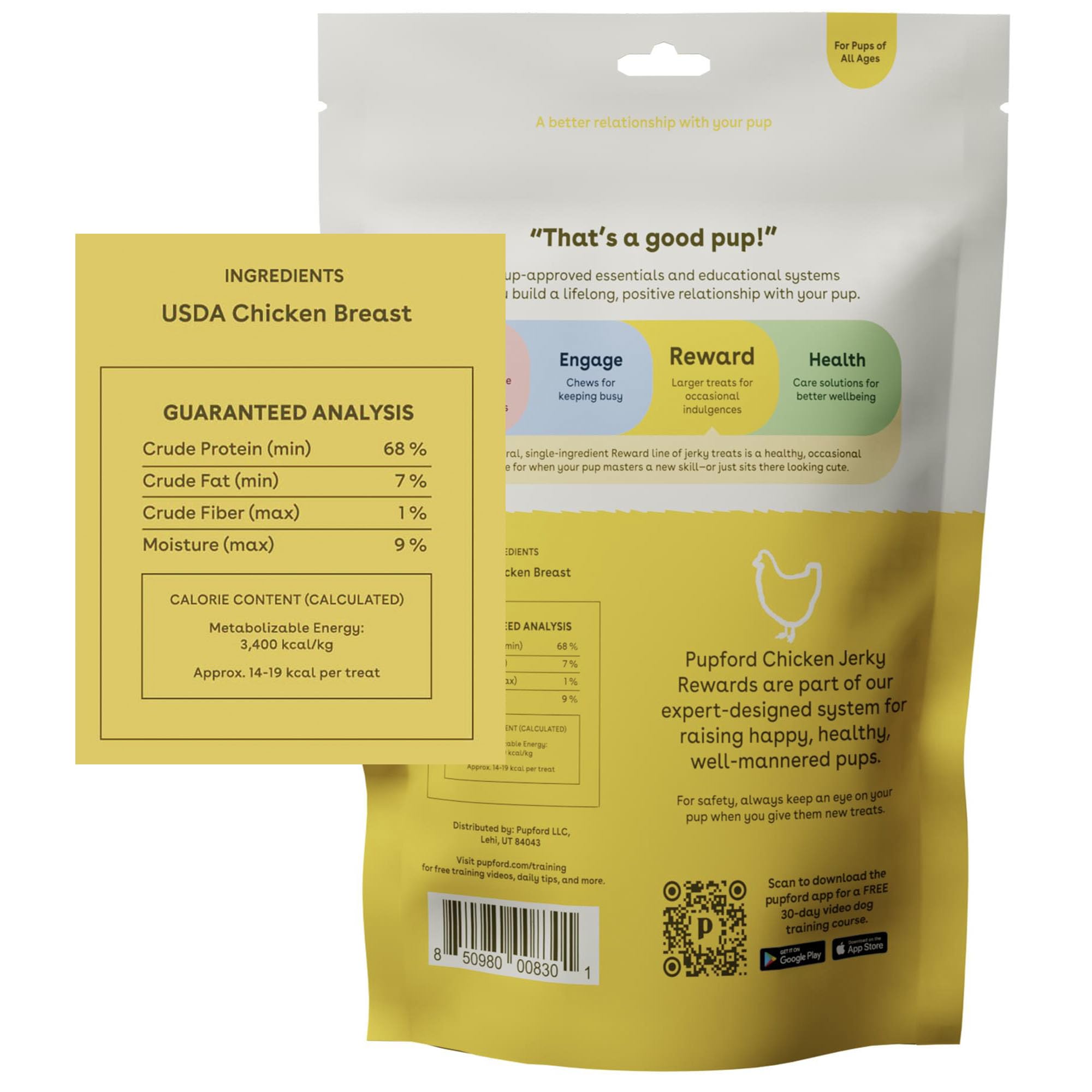 Pupford jerky de pollo, ingrediente único, ideal para recompensas simples.