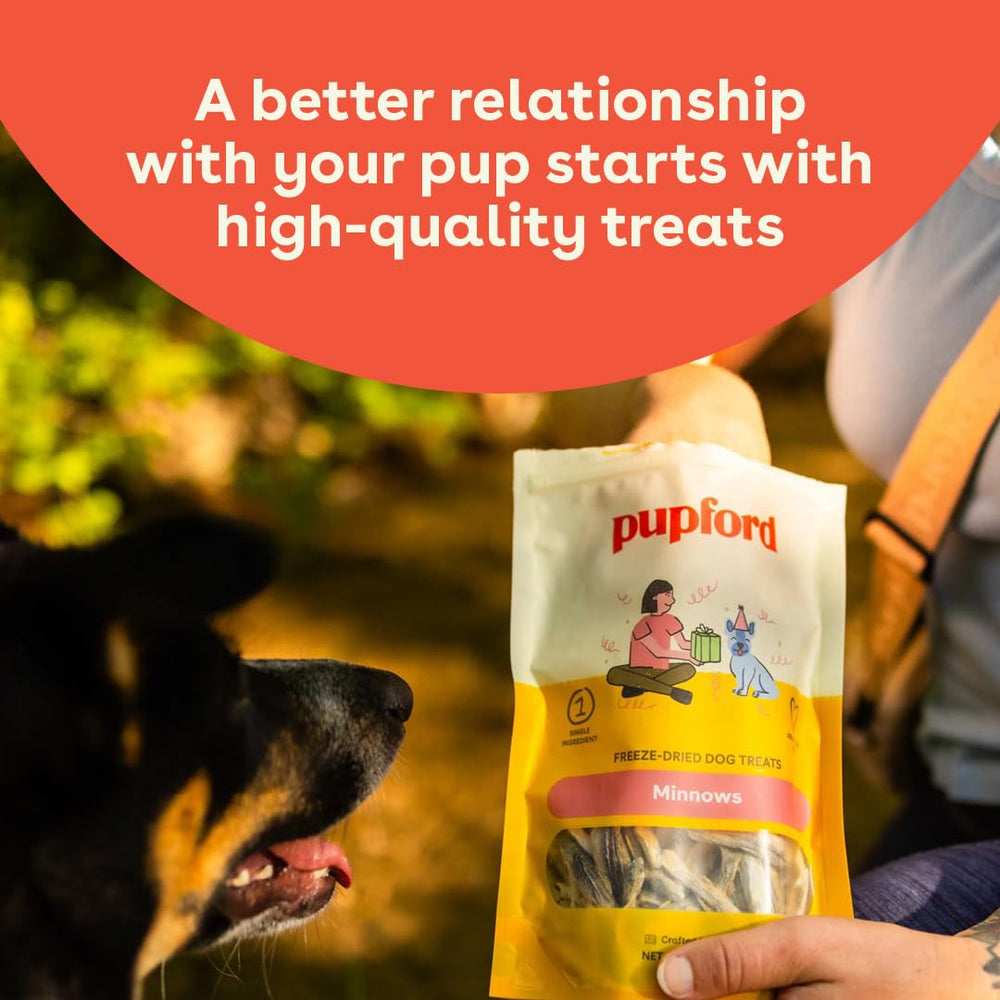 Pupford Minnows USA-made label emphasizing limited ingredients and clean sourcing.
