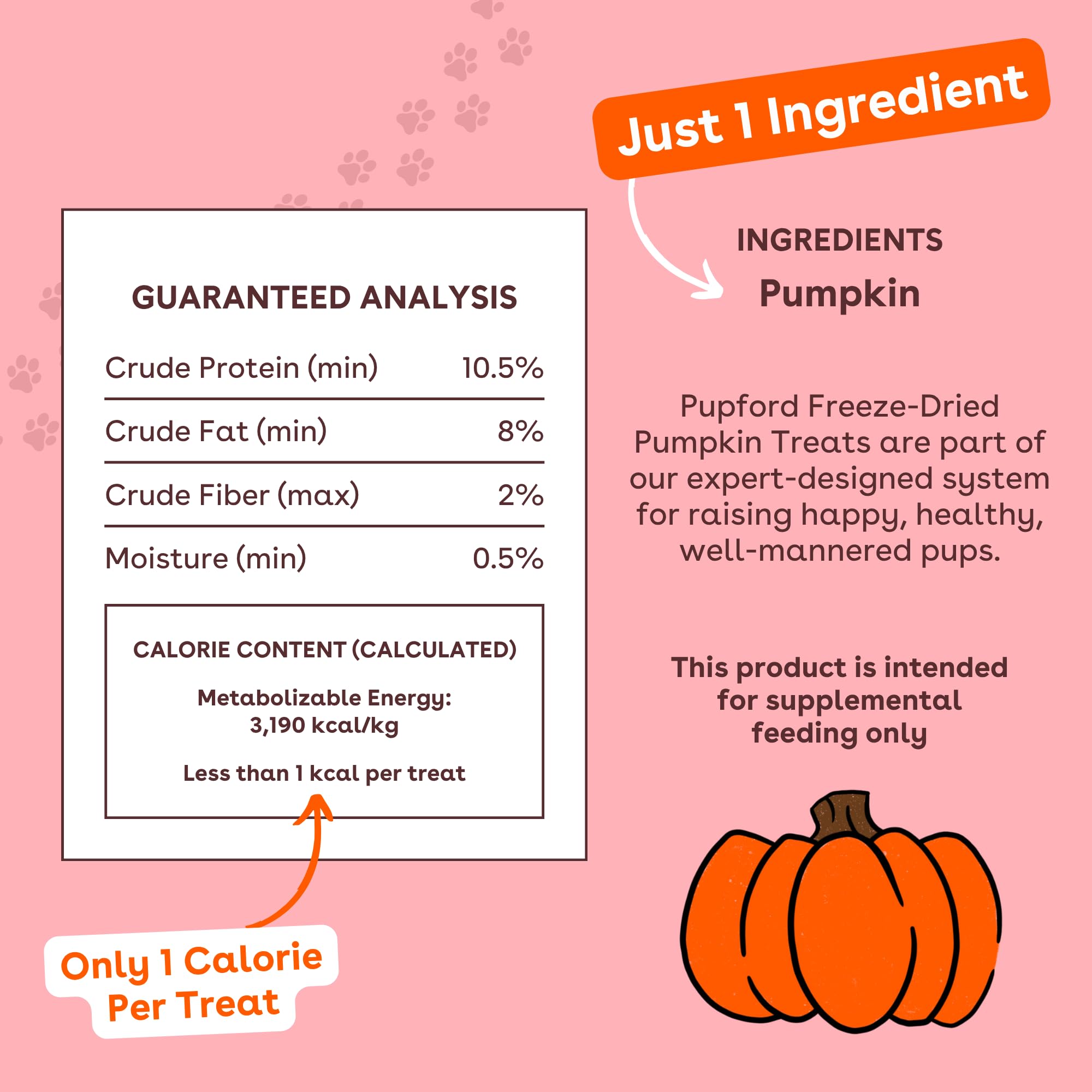 Pupford one-ingredient pumpkin dog treat close-up highlighting natural ingredient.