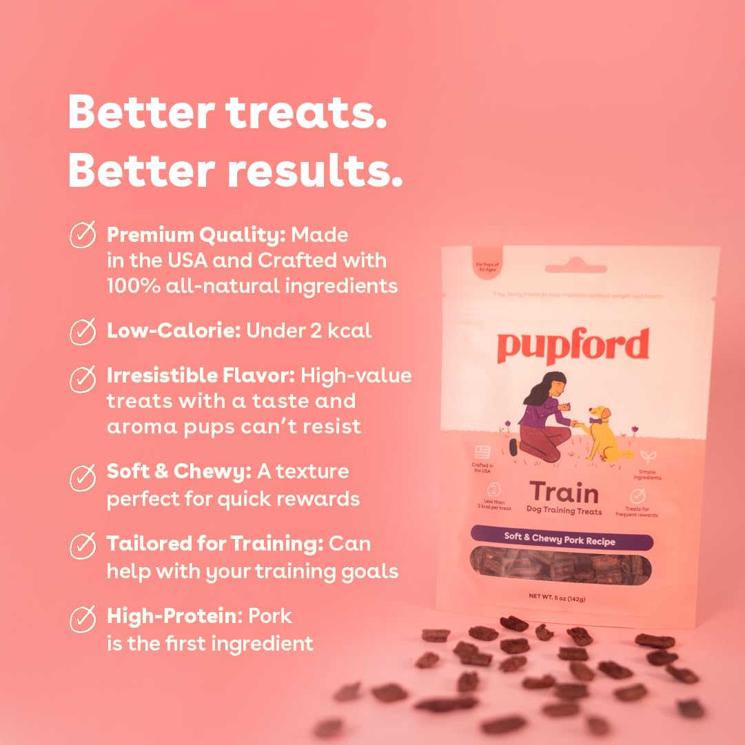 Pupford Soft & Chewy Training Treats pork 10oz bite closeup highlights soft texture for quick rewards.