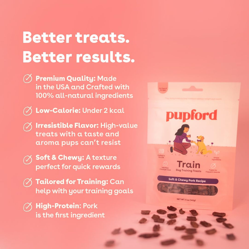Pupford Soft & Chewy Training Treats pork 10oz bite closeup highlights soft texture for quick rewards.