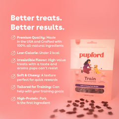 Pupford Soft & Chewy Training Treats pork 10oz bite closeup highlights soft texture for quick rewards.