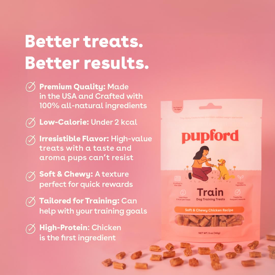Pupford training session with soft, chewy chicken treats boosting focus.