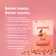 Pupford training session with soft, chewy chicken treats boosting focus.