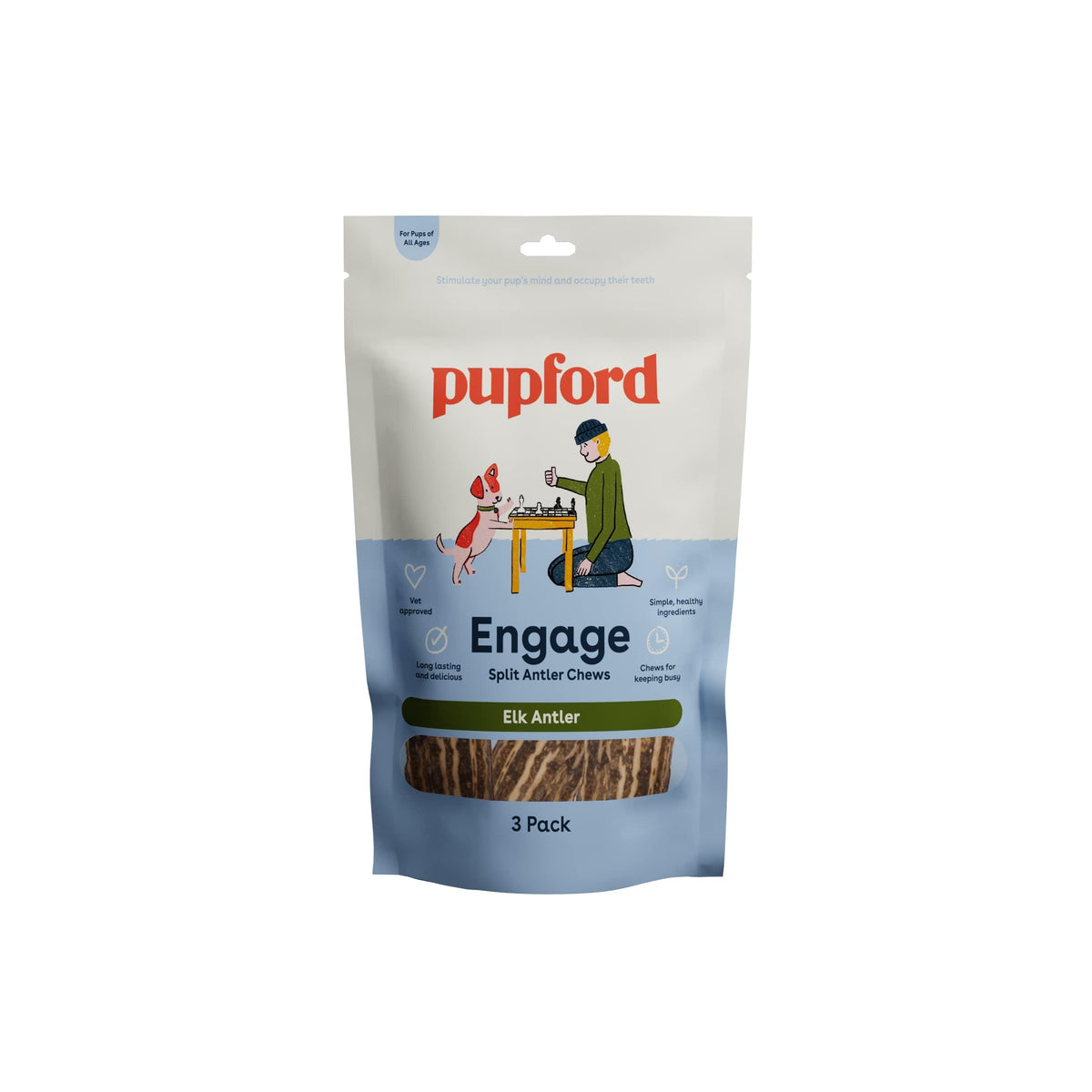 Pupford split elk antlers packaging shows 3-count pack for durable chewing.