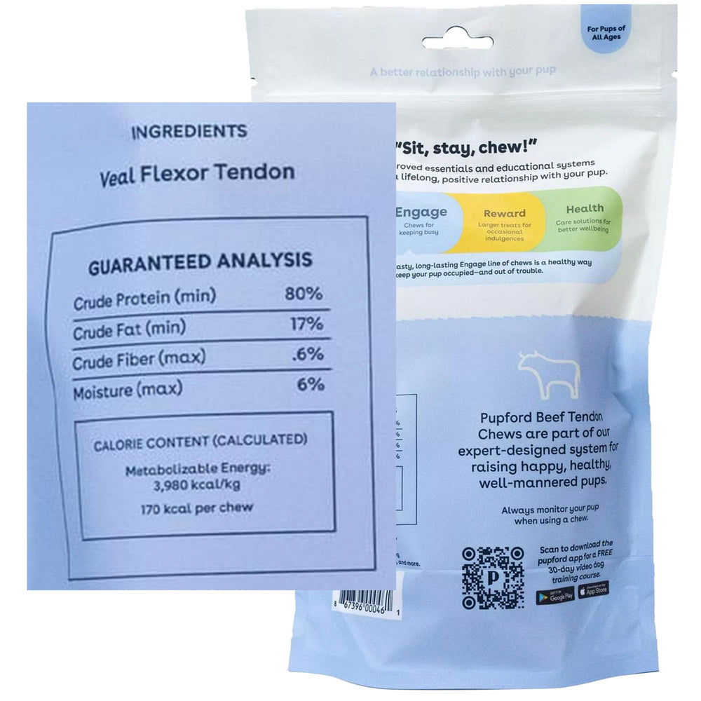 Pupford Thick Beef Tendon Chews close-up texture highlights natural tendon fibers