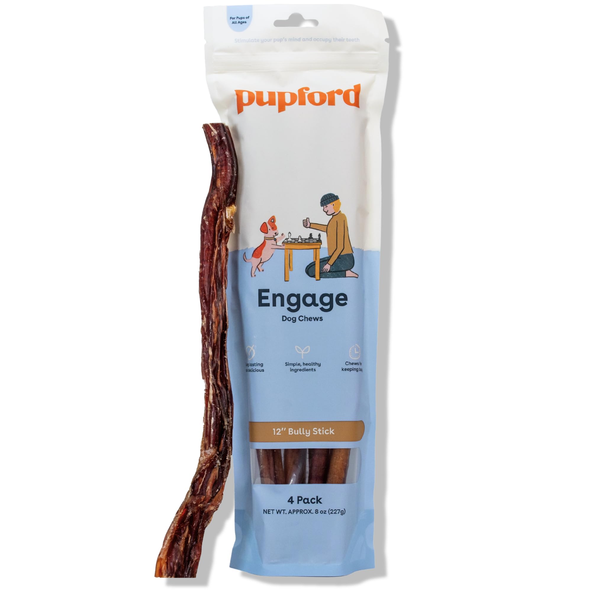 Pupford Thick Bully Sticks 12in pack front view for long-lasting chew sessions.