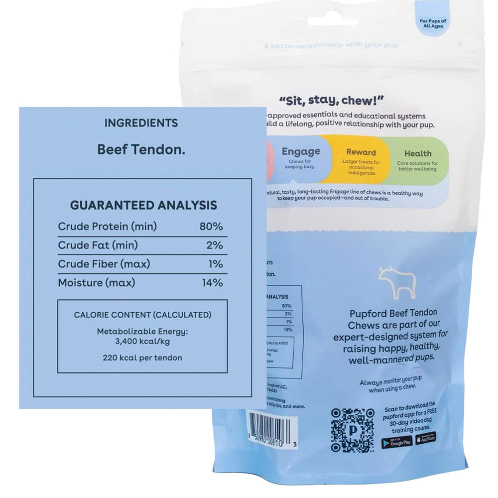 Pupford Turbo Beef Tendon Chews close-up texture highlights a durable, chew-worthy tendon.