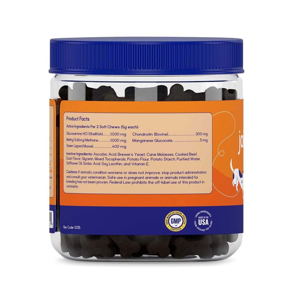 PupGrade 360 chews bottle, packaging highlights dog-friendly joint care