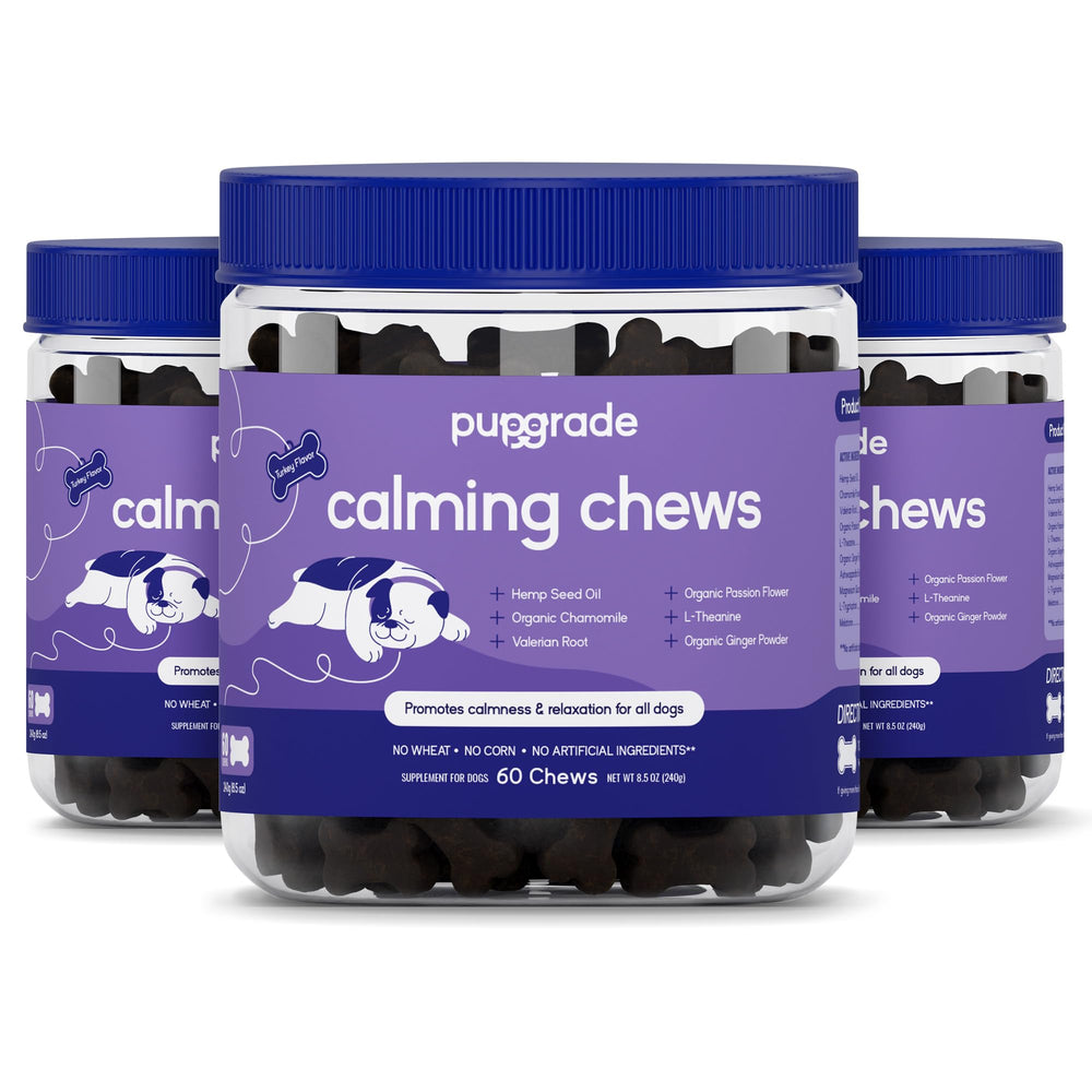 PupGrade Calming Soft Chews bottle on shelf signals grain-free calming support for dogs.
