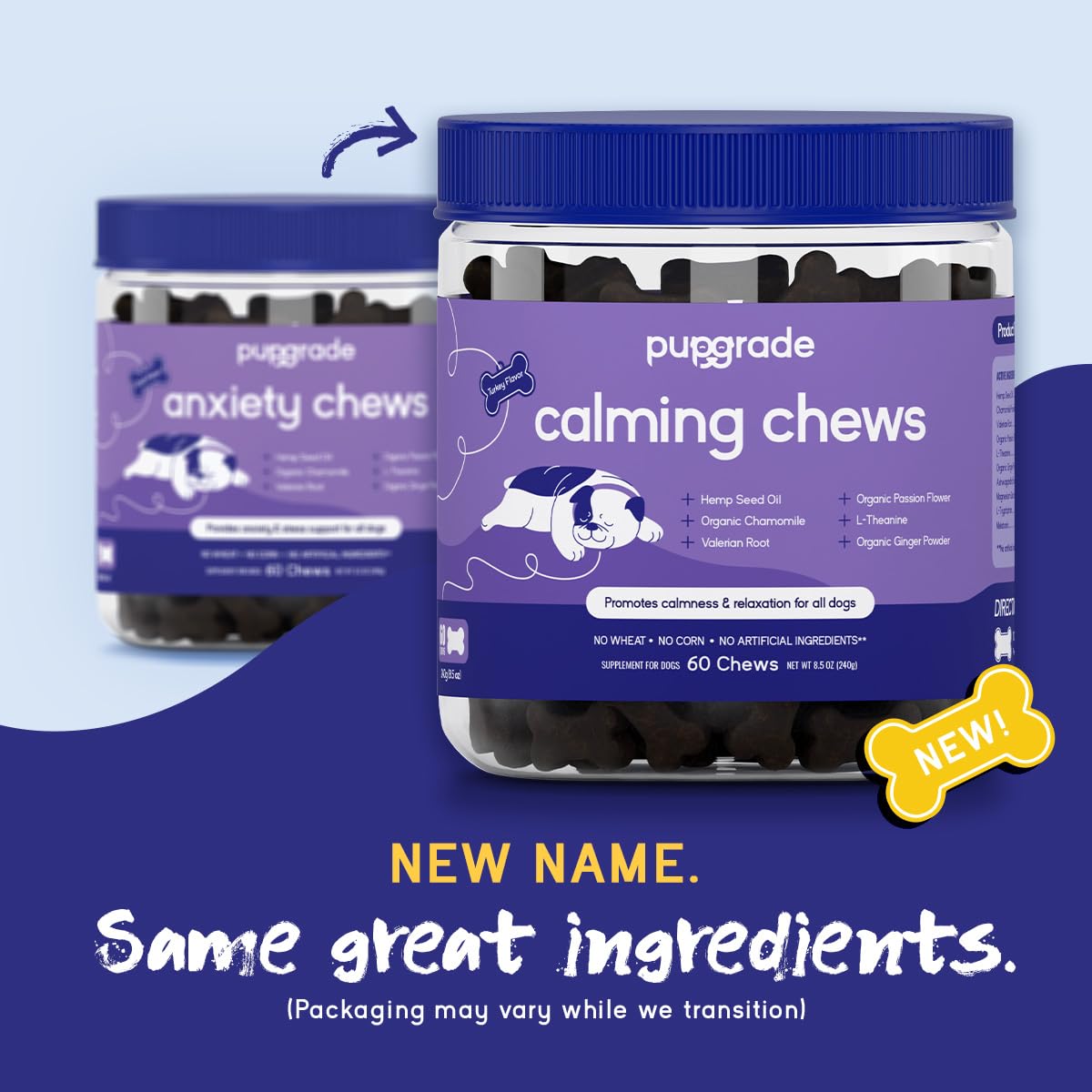 PupGrade Calming Soft Chews label highlights grain-free and artificial-free formula.